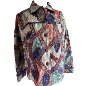 Vintage Silk Cotton Patchwork Jacket India Abstract Boho XL Anage